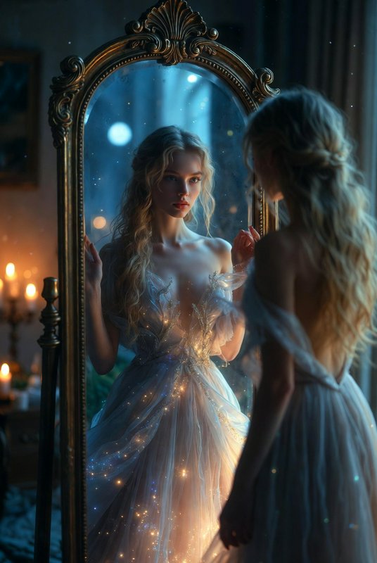 Young woman in a glowing ethereal gown gazes at her reflection in an ornate gilded mirror.