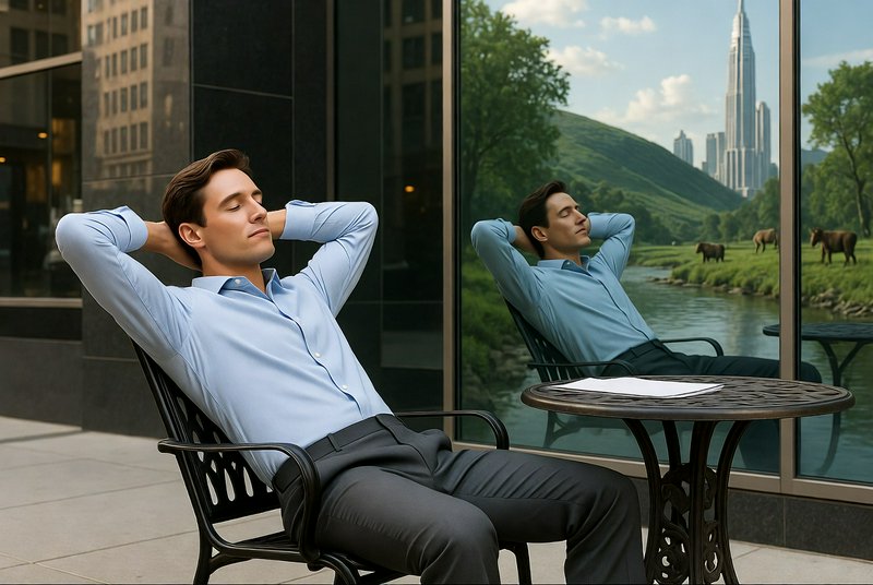 Relaxed man in a light blue shirt at an outdoor cafe, reflection shows greenery and city skyline.