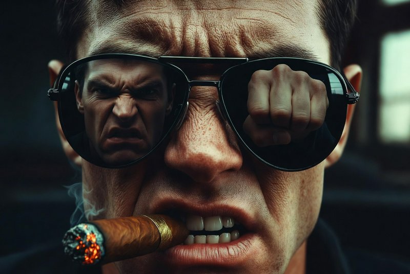 Close-up of a man wearing oversized sunglasses, biting a lit cigar with a fierce, intense look.