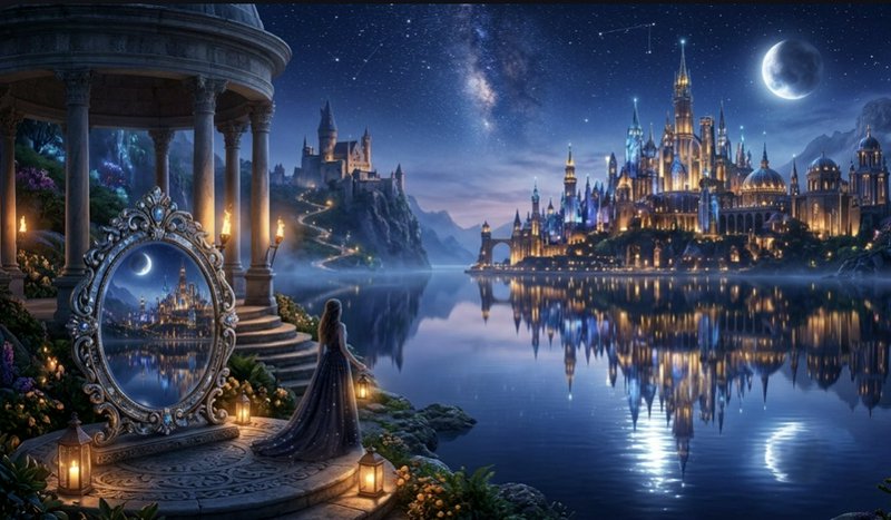 Moonlit lakeside terrace with an ornate mirror, a woman in a flowing gown, and a distant illumina...