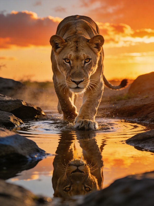 Lioness walking through shallow water at sunset, facing the camera, with a dramatic reflection.