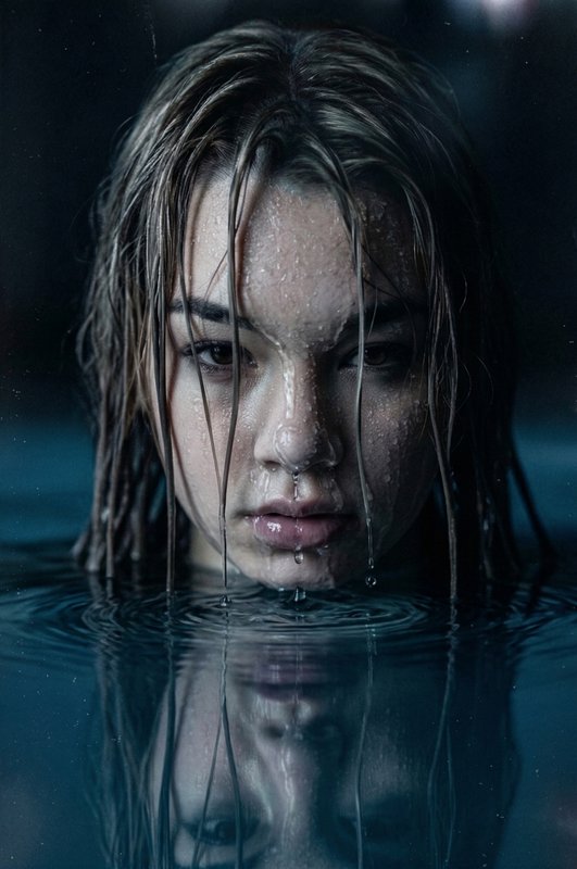 Close-up of a young woman with wet hair submerged in water, droplets on her face, moody blue tones.
