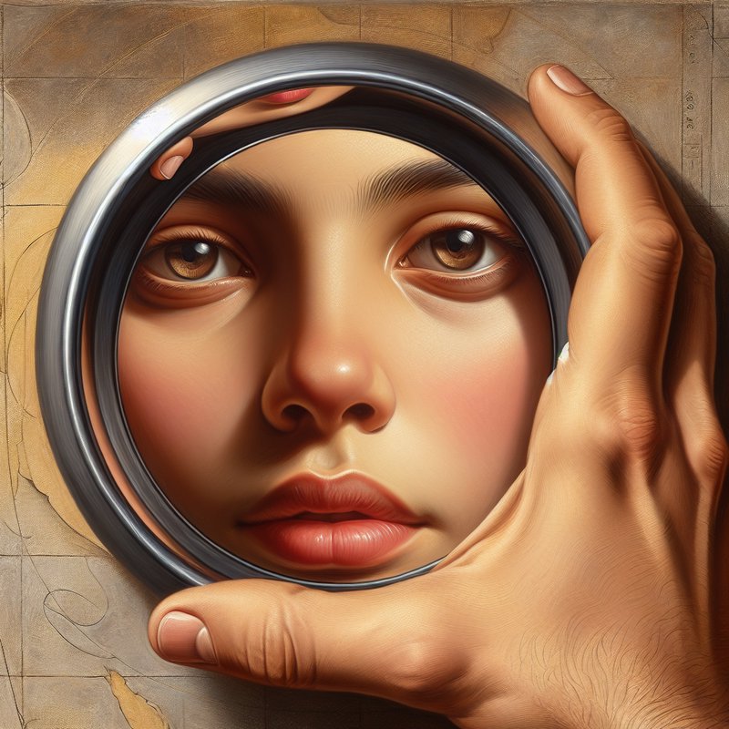 Close-up portrait of a woman's face viewed through a circular magnifying lens held by a hand