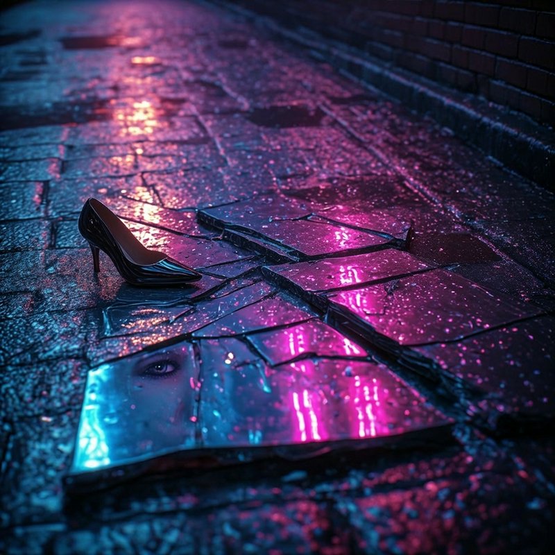 A glossy black high-heeled shoe on neon-lit, wet pavement with shattered mirrors reflecting a partial face.