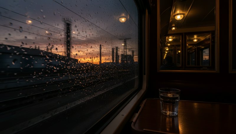Rain-speckled train window at sunset with a glass on a wooden table inside.