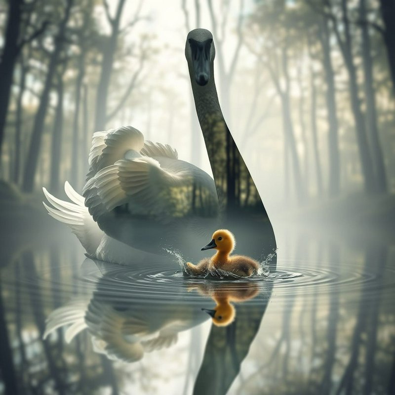 Large swan with a small duckling gliding on a calm forest lake with reflections