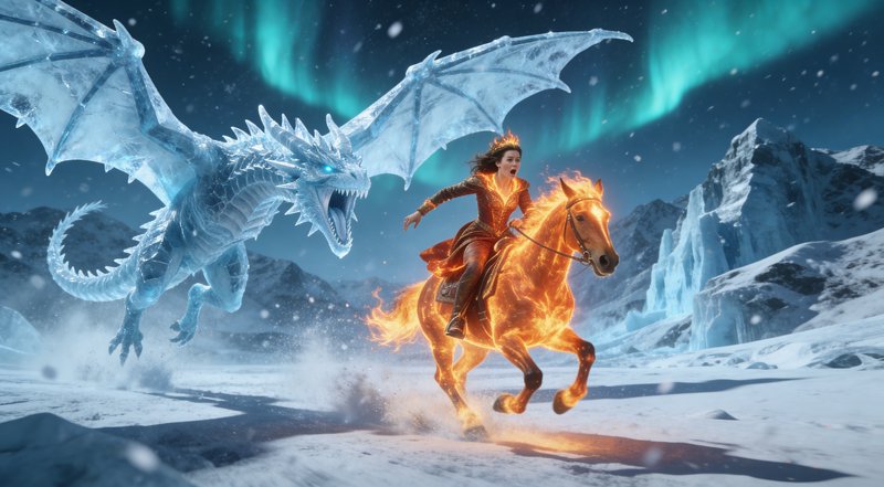 Dragon pursuing a fiery rider on a glowing horse across a snowy, aurora-lit landscape.