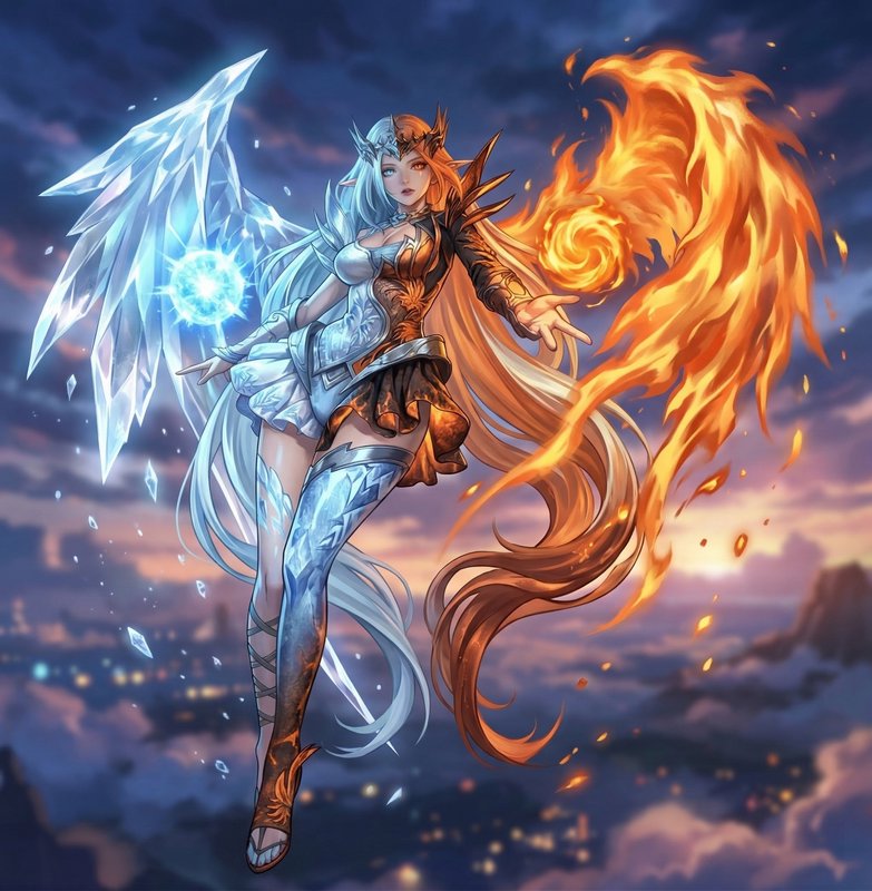 Fantasy female warrior with icy wings on one side and a fiery tail on the other, floating above a...