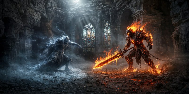 Epic duel between an icy armored warrior and a fiery demon in a dark ruined cathedral