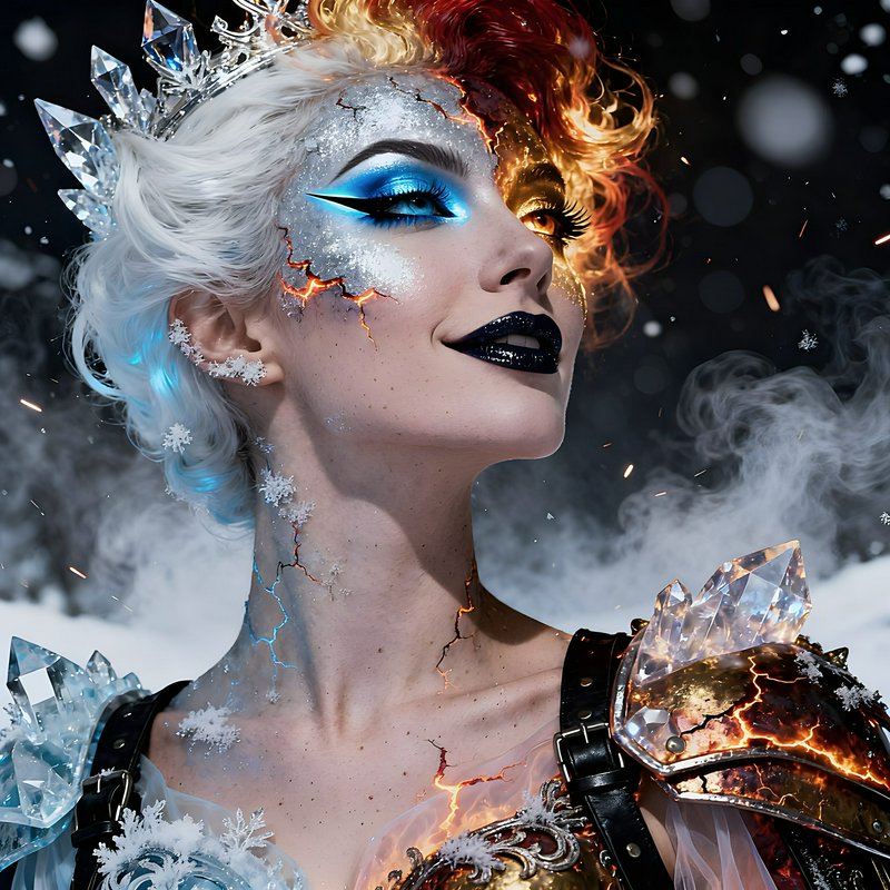 Fantasy ice-fire queen with crystal crown and icy makeup.