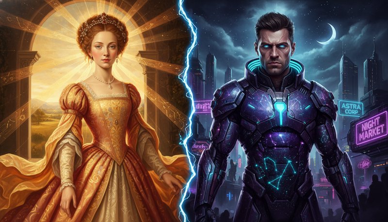 Split image: Renaissance-era woman in a gold gown on the left and a futuristic armored man in a n...