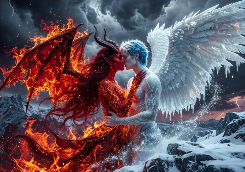 Fiery demon with flames kissing a white-winged angel amid snowy mountains.