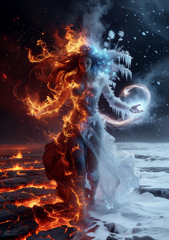Female figure split between fiery flames and icy frost, conjuring a glowing orb in a dramatic ele...