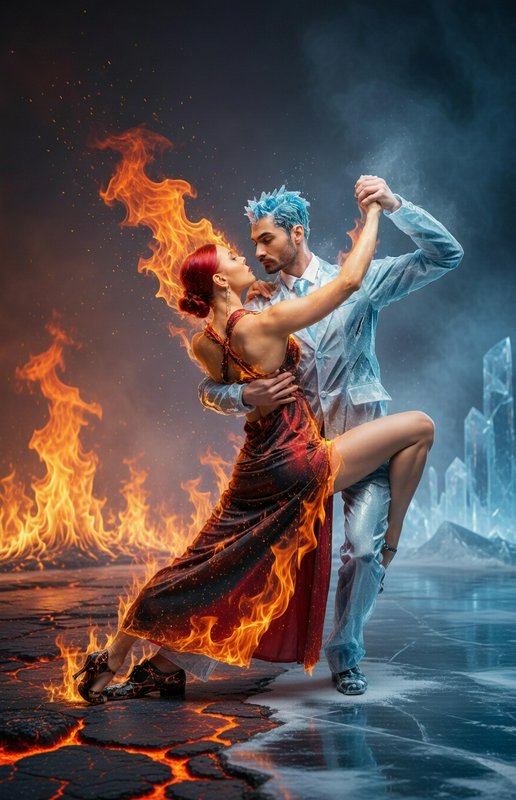 Dramatic dance couple on cracked ice with fire on the left and icy blue backdrop on the right.