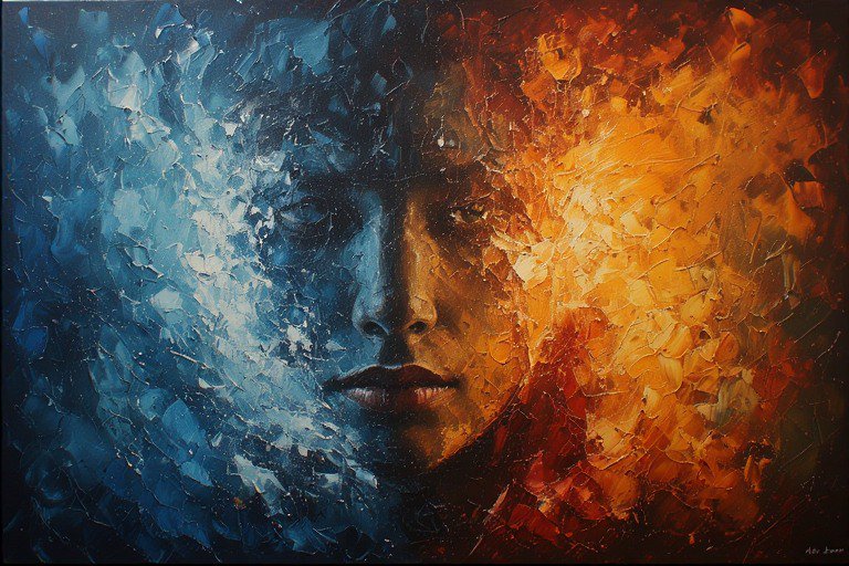 Half-blue, half-orange abstract portrait with a textured, mosaic-like surface forming a face.