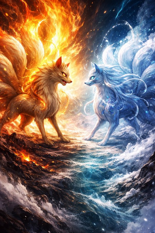 Two elemental foxes—fiery orange on the left and icy blue on the right—face off amid lava and icy...