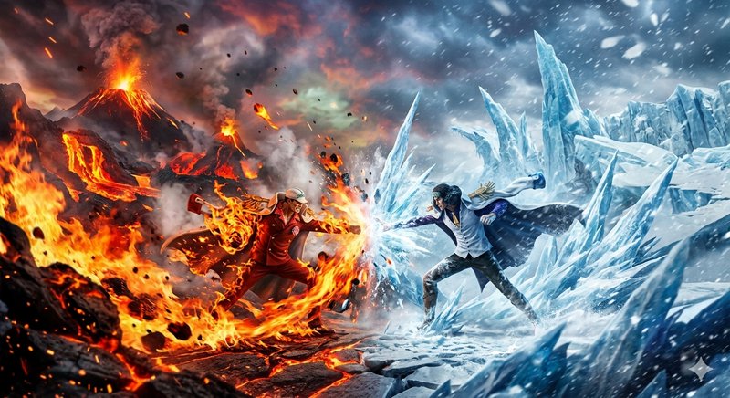 Two fighters clash on a fiery lava field and an icy glacier, wielding fire and ice in a dynamic c...