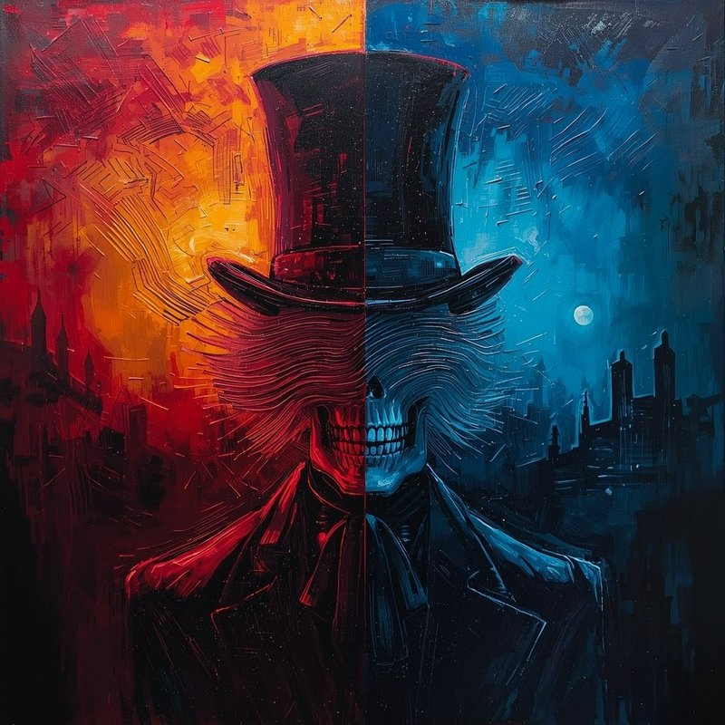 Split-face skull wearing a top hat, half fiery orange-red and half cool blue night with a city sk...