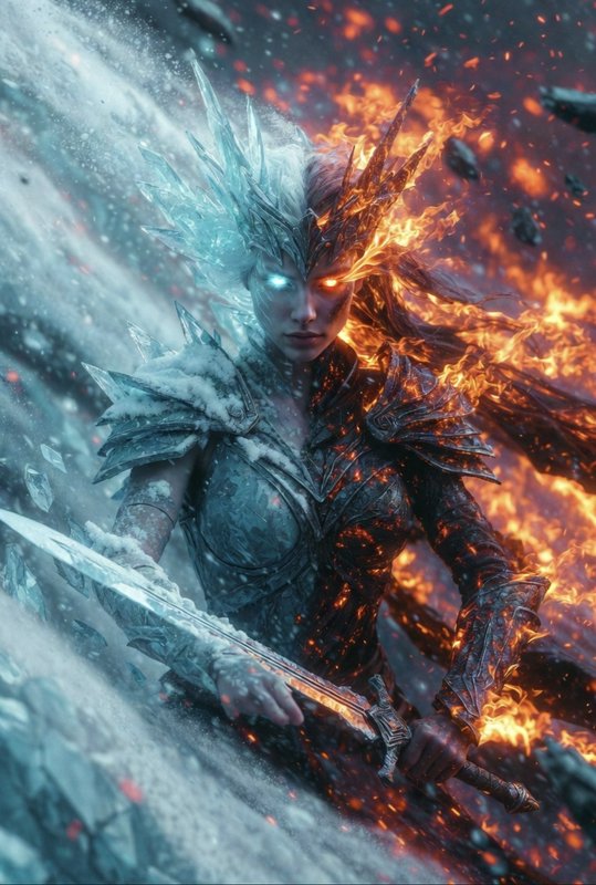 Fantasy warrior with icy left side and fiery right side, wielding a glowing sword.
