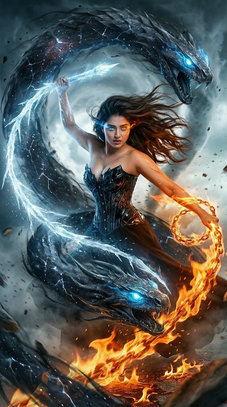 Female warrior in black armor wields an ice sword, surrounded by a fiery ring as a frost dragon c...
