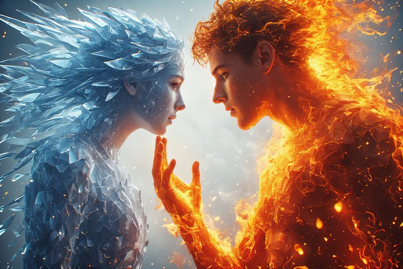 Two elemental figures, one icy blue and one fiery orange, face each other with hands nearly touch...