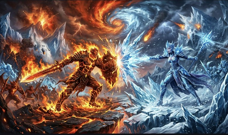Epic fantasy duel between fiery armored warrior and icy sorceress on jagged ice terrain