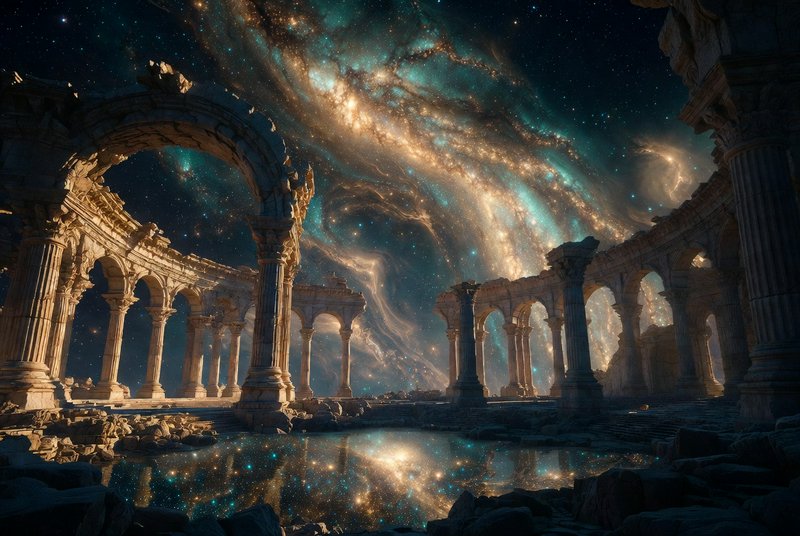Ancient stone arches forming a ruin beneath a luminous galaxy-filled sky and a reflective pool.
