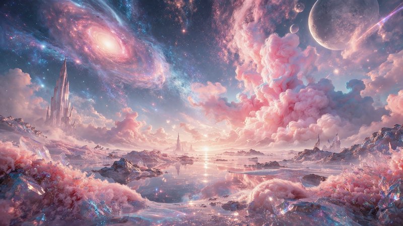 A surreal pink fantasy landscape with a reflective lake, fluffy pink clouds, and distant planets ...