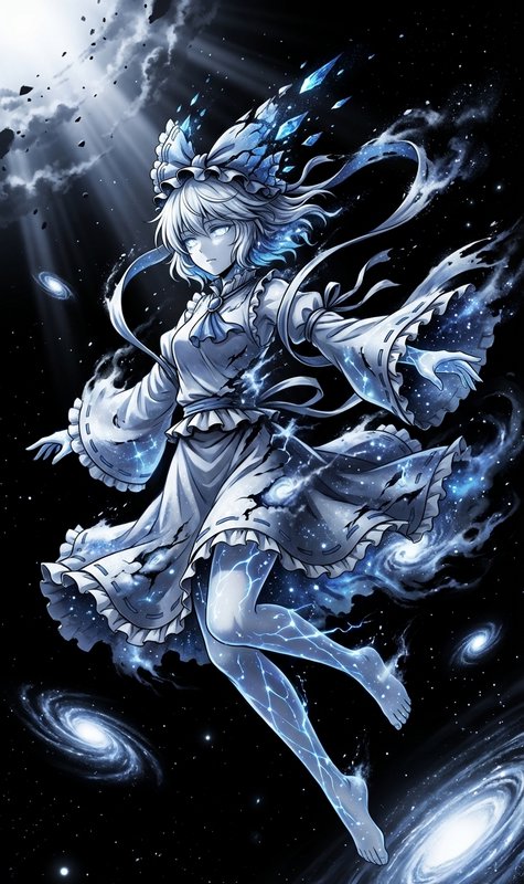 Anime-style girl in a flowing blue-white dress floating in space among ice and galaxies.