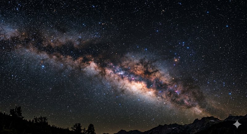 Milky Way galaxy arc across a starry night sky above silhouetted mountains.