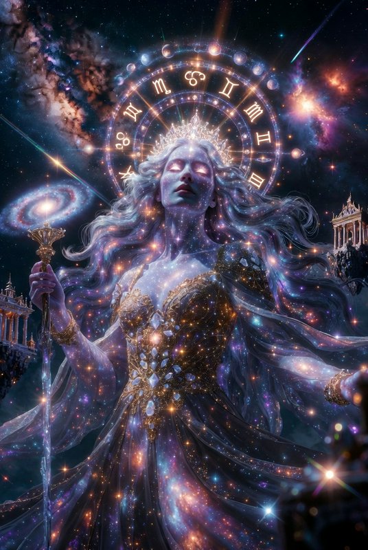 Cosmic goddess in a golden gown with a starry aura, holding a scepter amid a glowing zodiac ring.