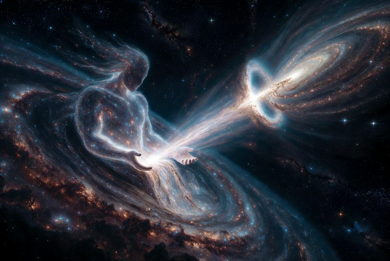 Ethereal, light-bodied figure in space reaching toward a glowing spiral galaxy.