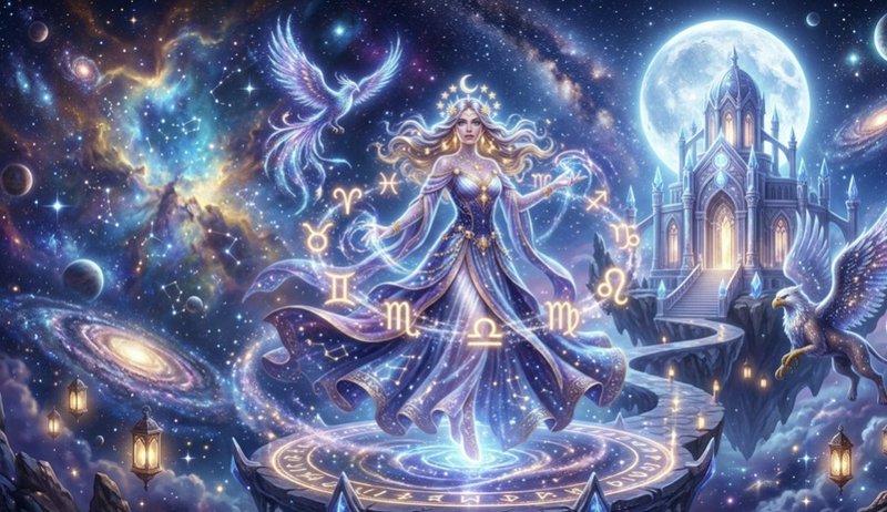 Fantasy sorceress in a glowing gown stands atop a magical circle surrounded by stars, zodiac symb...