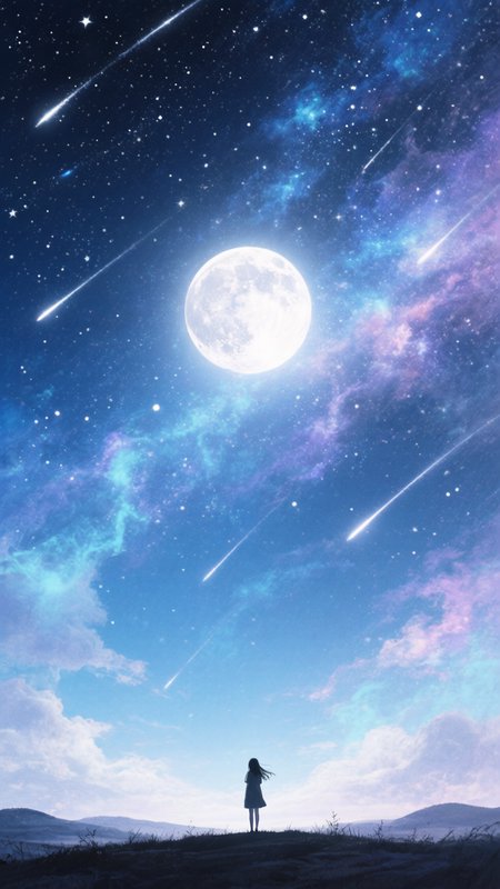 Silhouetted girl on a hill under a moonlit sky with meteors and a colorful nebula