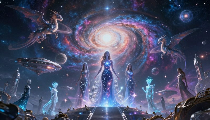 Cosmic fantasy scene with glowing women in celestial gowns atop a stairway, surrounded by dragons...