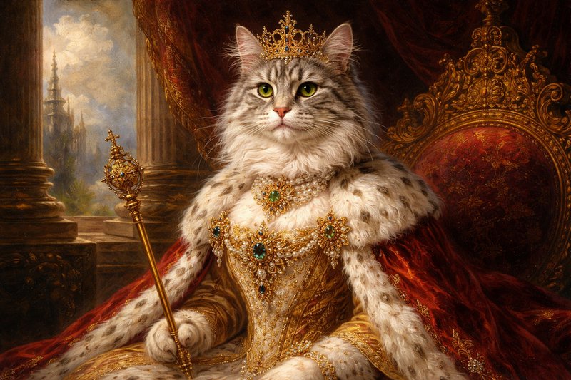 Regal tabby cat in gold crown and jeweled robe seated on an ornate throne