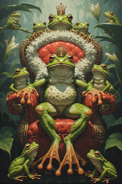 Green frog king on a red velvet throne, crowned, with frog attendants in a fantasy swamp setting.