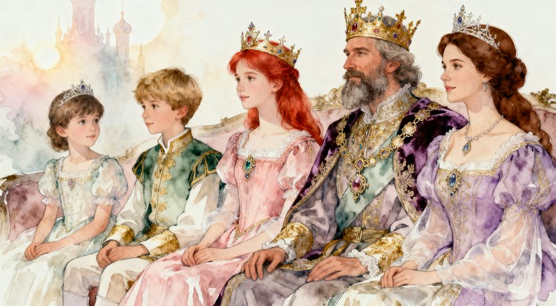 Watercolor illustration of a royal family with king, queen, princes and princesses wearing crowns.