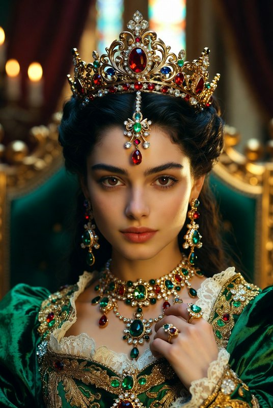 Portrait of a regal woman wearing an ornate jeweled crown and emerald-green gown.