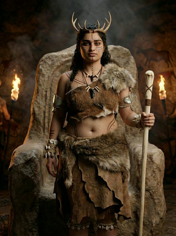 Female fantasy warrior with antler headdress, fur attire, and staff in a stone throne setting.