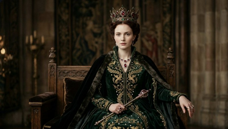 Queen in green velvet gown with gold embroidery, crown, seated on a throne holding a scepter.
