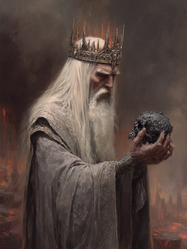 Old king with a spiked crown and flowing white beard holding a dark, jagged orb.