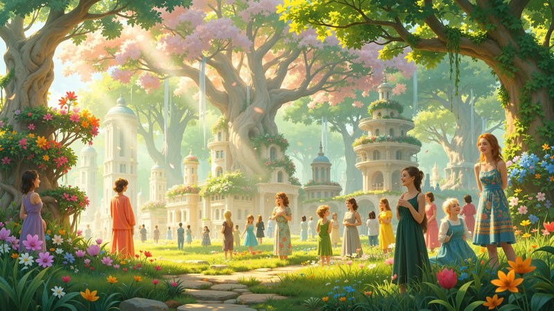 Whimsical fantasy garden with people in colorful gowns among ancient trees and fairytale towers.
