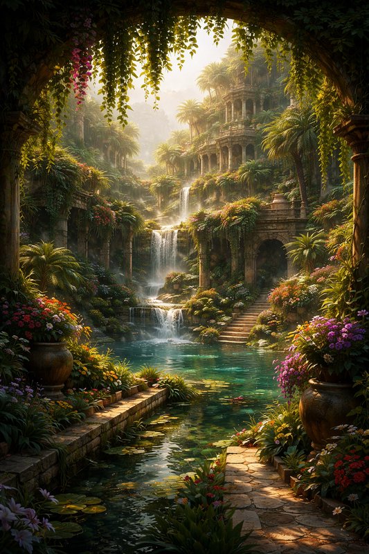 Lush tropical ruin garden with cascading waterfall, stone arches and vibrant flowers.