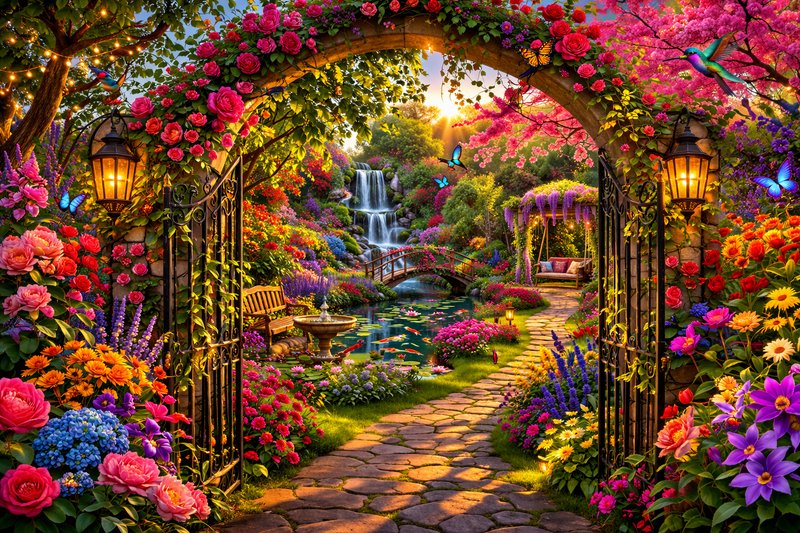 Colorful garden archway covered with blossoms, stone path, and a waterfall in a sunlit fantasy ga...