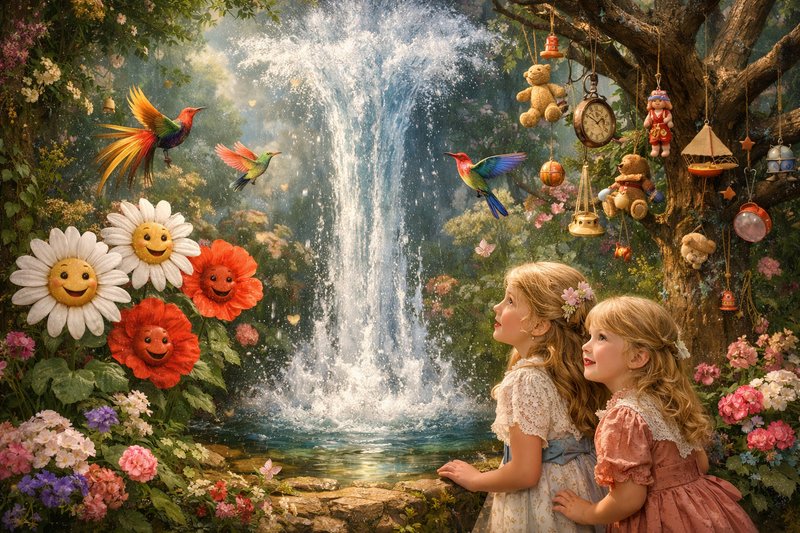 Two girls in pastel dresses admire a magical garden with a waterfall, flowers, and hanging whimsical decorations.