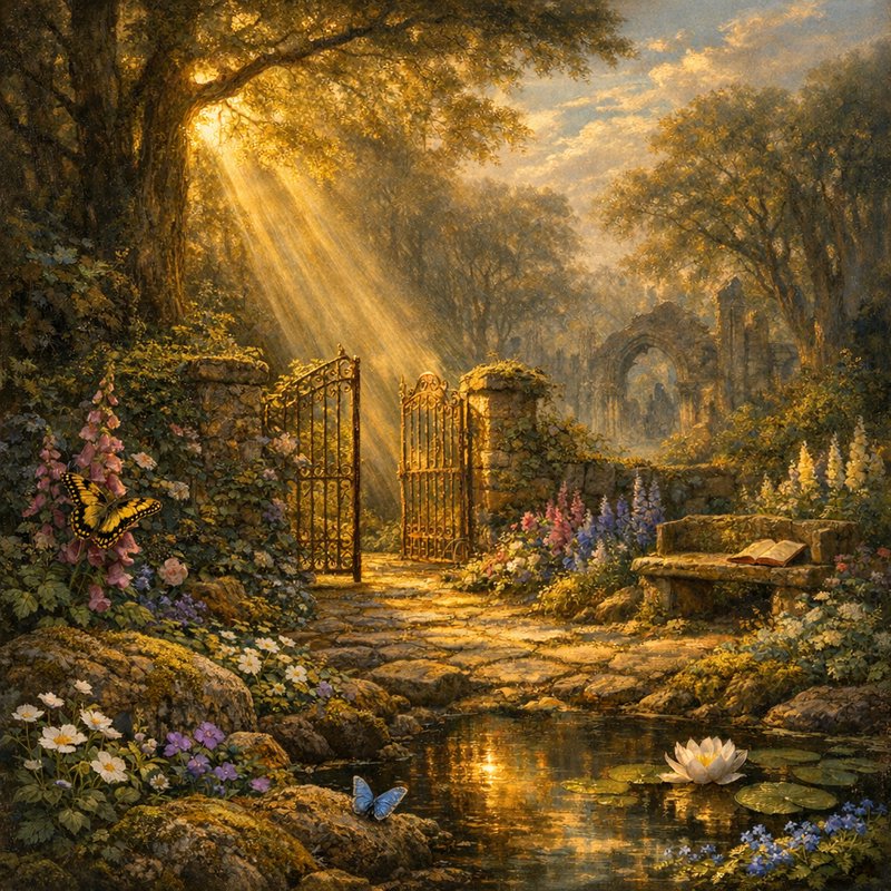 Golden sunlight streams through trees onto a stone path and iron gate in a lush, flower-filled ga...
