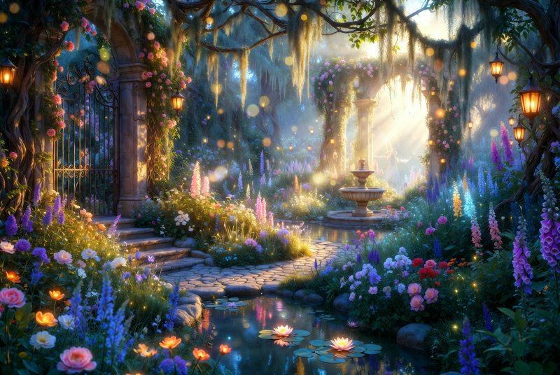 Enchanted garden with a stone path, fountain, gate, and glowing lights among colorful flowers.