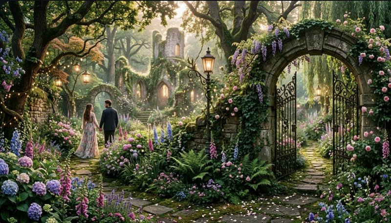 Romantic couple strolling through a magical, flower-filled garden with ivy arches and glowing lan...
