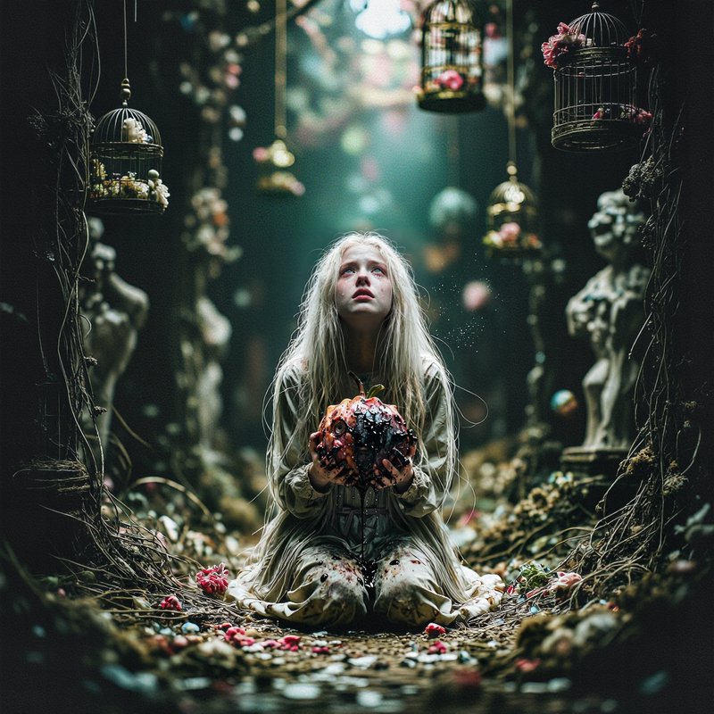 Pale girl with long white hair kneels in a dark, enchanted forest, holding a red, spiky fruit.